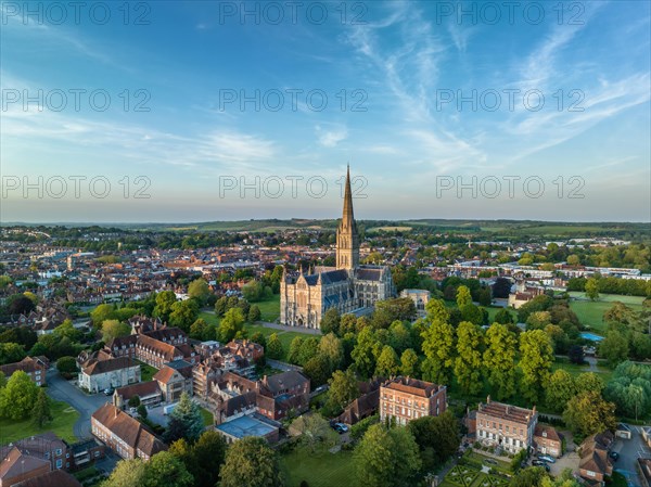 Aerial view of the city of Salisbury with Salisbury Cathedral