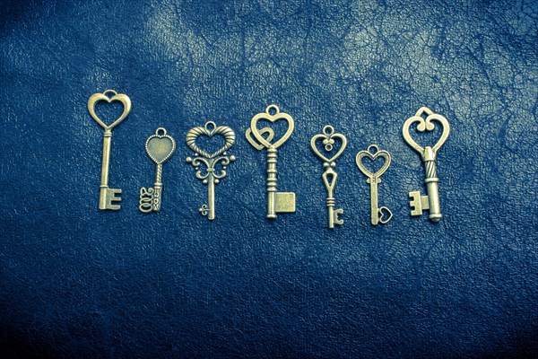 Heart shaped retro metal keys on dark background