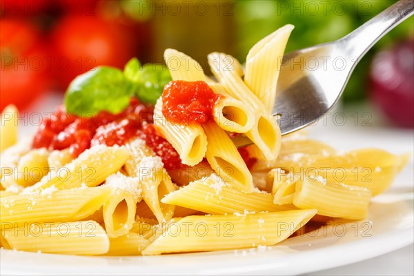 Penne Rigatoni Rigate Italian pasta with fork in tomato sauce eat lunch dish on plate in Stuttgart