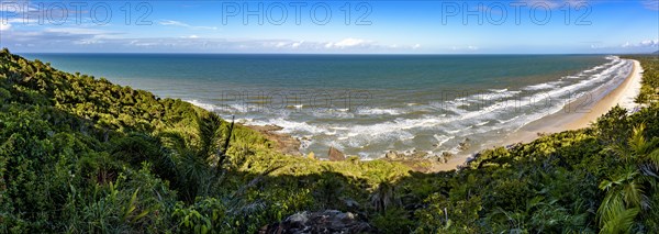 Panoramic image of the beaches of Pe de Serra and Sargi surrounded by coconut trees in the city of Serra Grande on the south coast of Bahia