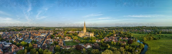 Aerial panorama of the city of Salisbury with Salisbury Cathedral