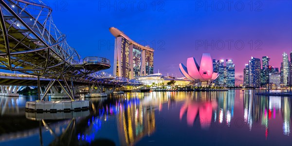 Marina Bay Skyline and Helix Bridge Panorama in the Evening in Singapore