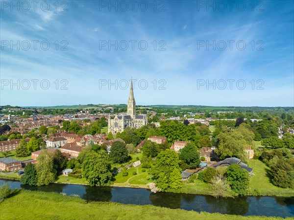 Aerial view of the city of Salisbury with Salisbury Cathedral and the River Avon