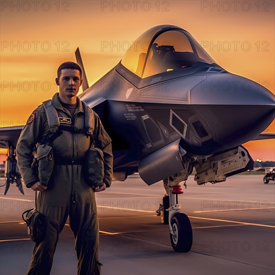 Young proud pilot stands in front of his F 35 fighter plane