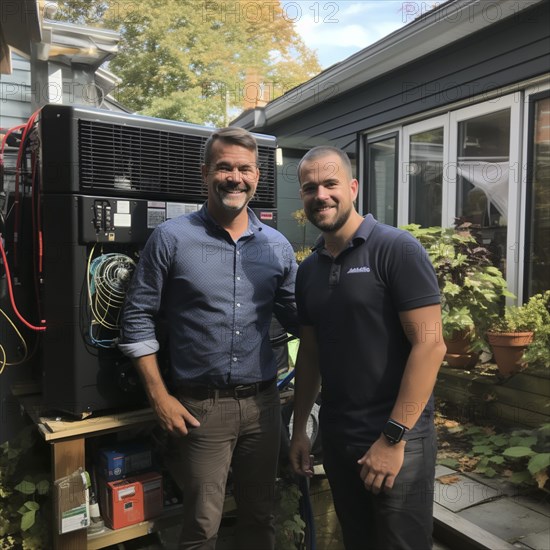 Cheerful homeowner and engineer rejoice in installing new heating system