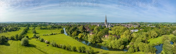 Aerial panorama of the city of Salisbury with Salisbury Cathedral and the River Avon