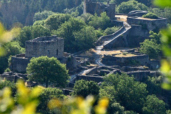 View of the hilltop castle Schmidtburg built in the 9th century in the Hahnenbach valley near Schneppenbach in Hunsrueck