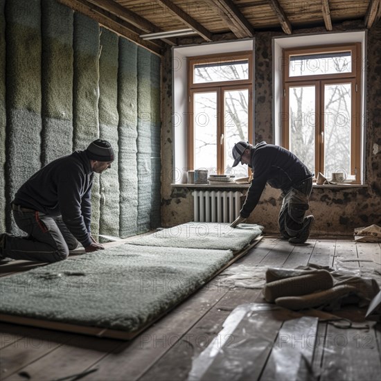 Craftsmen insulate a house with insulating material