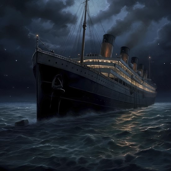 Journey of the Titanic in the Atlantic on a starry night and calm sea