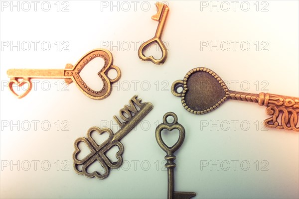 Heart shaped retro metal keys on white background