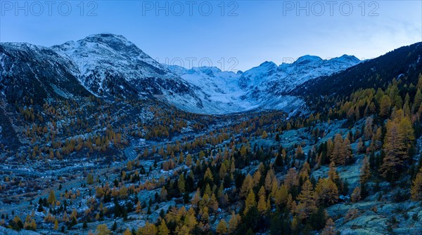 Aerial view of Val Morteratsch with the Morteratsch glacier and its mountain world in autumn