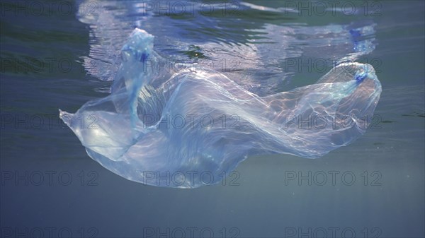 Disposable blue plastic bag floats under surface in blue water in sunrays. Plastic bag thrown into sea drifts under surface of blue water in morning sunlight