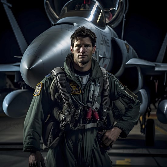 Young proud pilot stands in front of his F 14 fighter plane