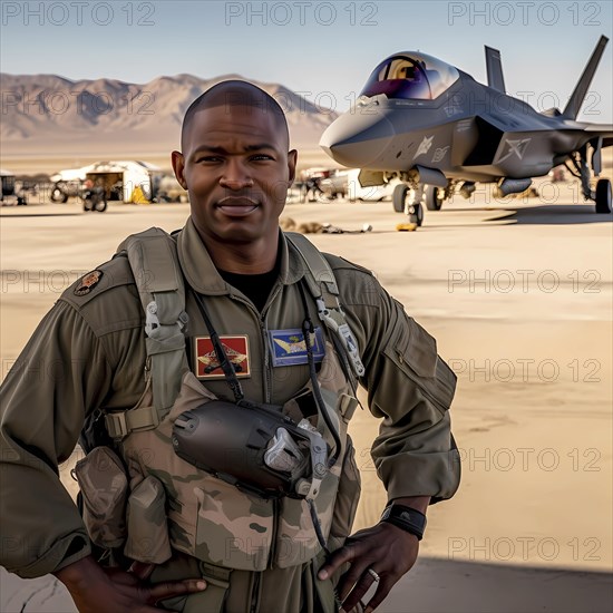 Young proud pilot stands in front of his F 35 fighter plane