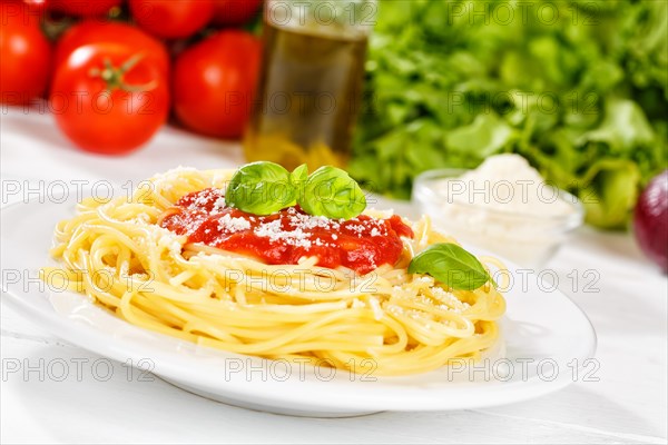 Eat spaghetti Italian pasta lunch dish with tomato sauce in Stuttgart