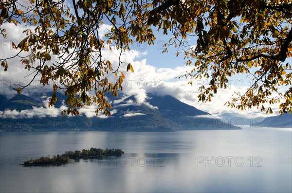 Brissago Islands on an Alpine Lake Maggiore in autumn with Branches in Ticino