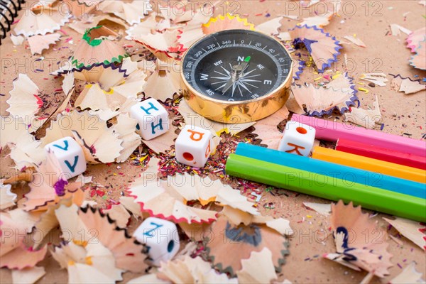 The compass instrument and a few colorful pencils