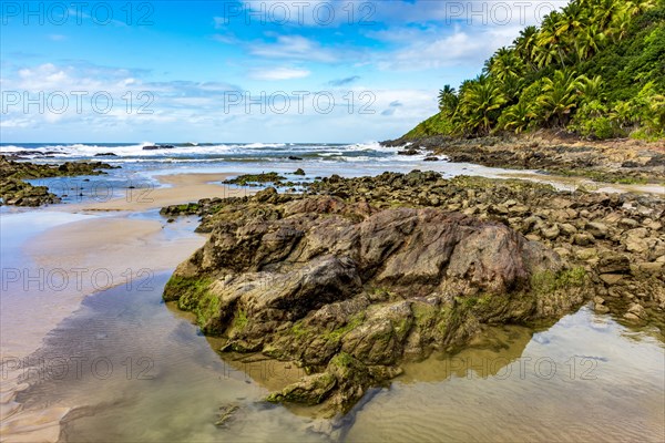 Rocky beach called Prainha surrounded by coconut trees and vegetation located in the city of Serra Grande on the south coast of the state of Bahia