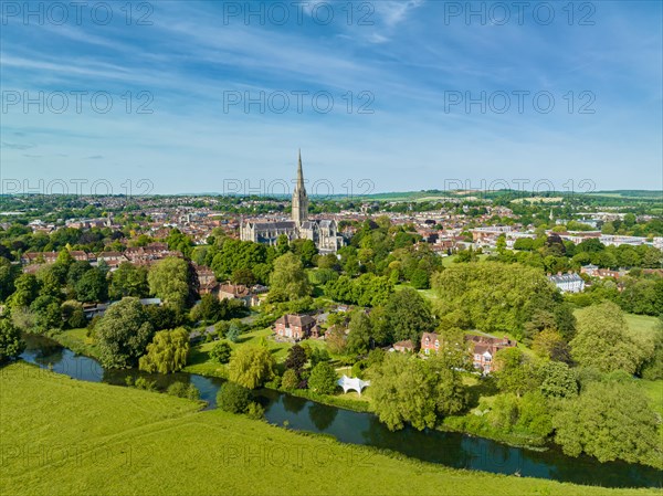 Aerial view of the city of Salisbury with Salisbury Cathedral and the River Avon