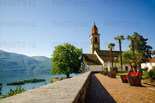 Church and Brissago Islands on an Alpine Lake Maggiore with Mountain in Ronco sopra Ascona