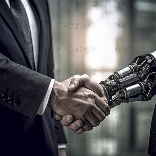 Manager shakes the hand of a robot