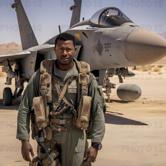 Young proud pilot stands in front of his F 14 fighter plane