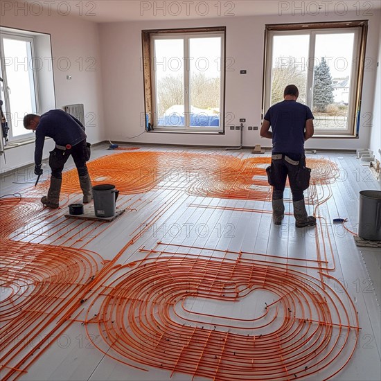 Craftsmen install a heating system