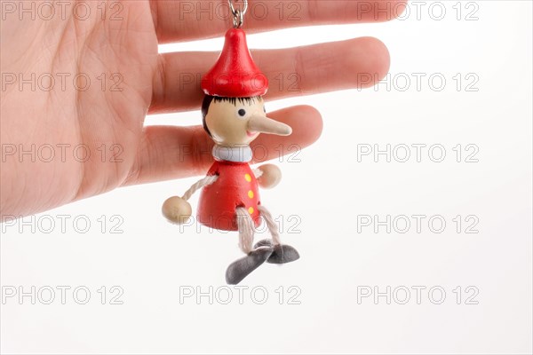 Pinocchio puppet in hand on a white background