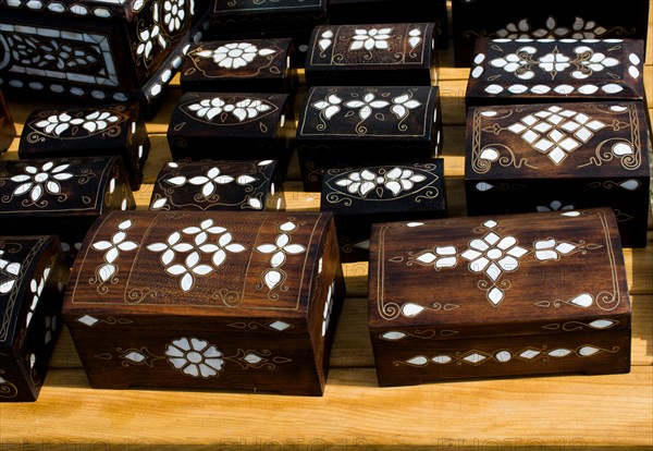 Ancient style wooden treasure chest with mother of pearl inlay