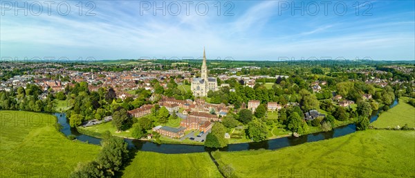 Aerial panorama of the city of Salisbury with Salisbury Cathedral and the River Avon