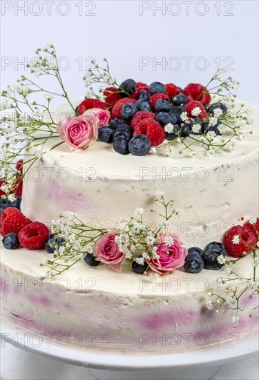 A two tier wedding cake decorated with berries and flowers festive cream cake on a light background