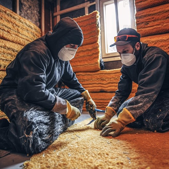 Craftsmen insulate a house with insulating material