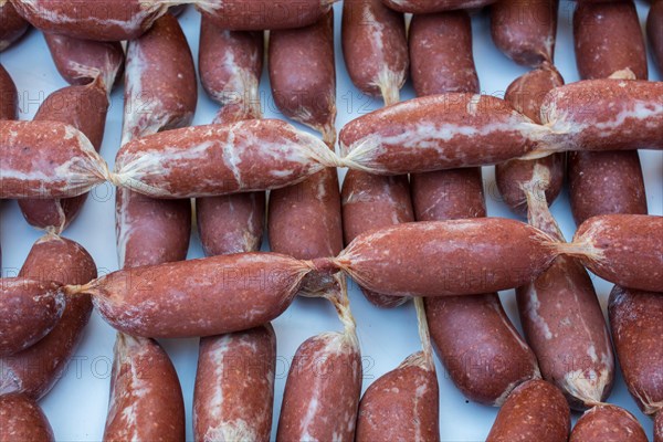 Traditional Turkish style dried sausages in view