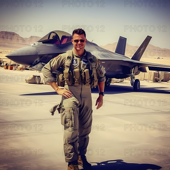 Young proud pilot stands in front of his F 35 fighter plane