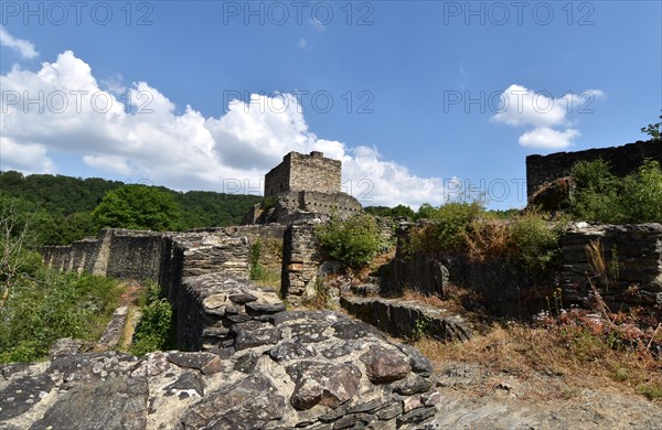 Details of the hilltop castle Schmidtburg built in the 9th century in the Hahnenbach valley near Schneppenbach in Hunsrueck