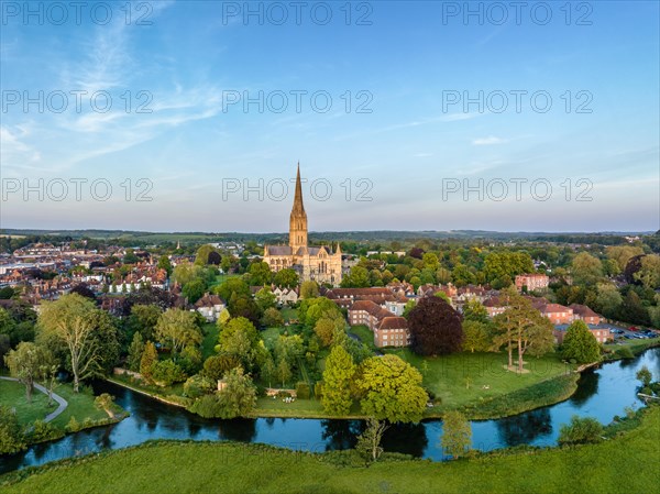 Aerial view of the city of Salisbury with Salisbury Cathedral and the River Avon