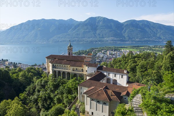 Church Madonna del Sasso and Alpine Lake Maggiore with Mountain in Locarno