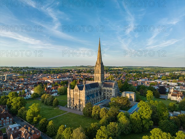 Aerial view of the city of Salisbury with Salisbury Cathedral