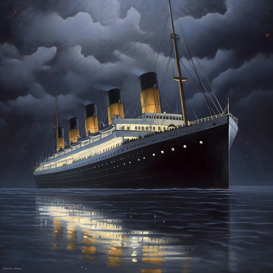 Journey of the Titanic in the Atlantic on a starry night and calm sea