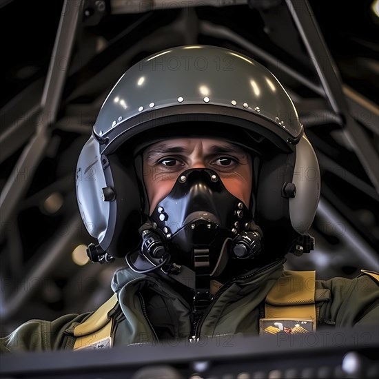 Young proud pilot sits in a fighter plane