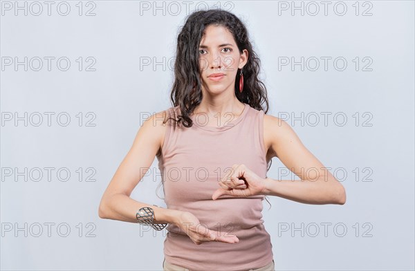 Woman Interpreter gesturing in sign language isolated. People gesturing in sign language isolated. Girl gesturing in sign language