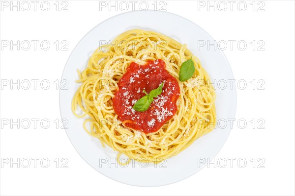 Spaghetti cut-out isolated from above eating Italian pasta lunch dish with tomato sauce in Stuttgart