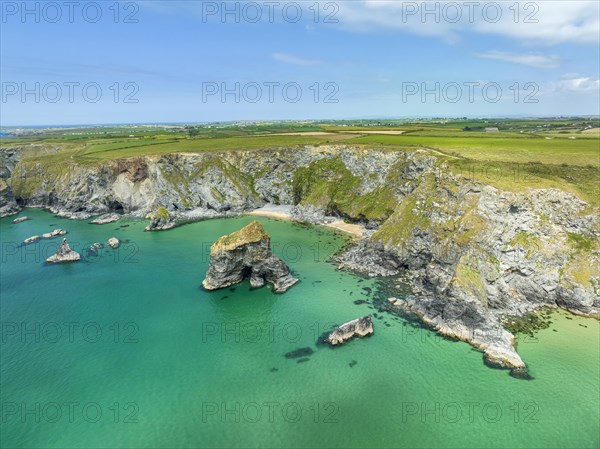 Aerial view of the Bedruthan Steps cliff formation