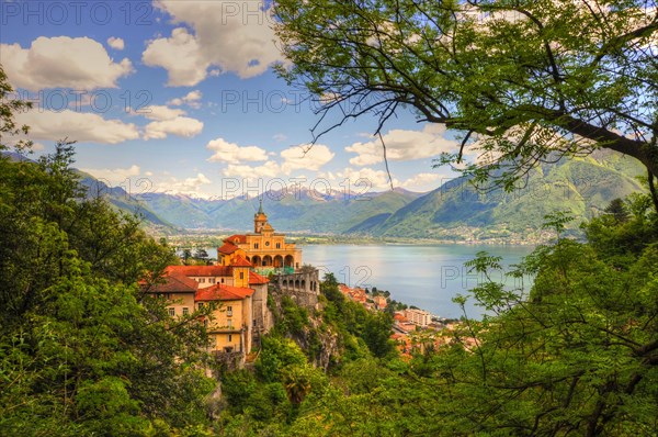 Church Madonna del Sasso on the Mountain with a Lake Maggiore and Mountain in Locarno