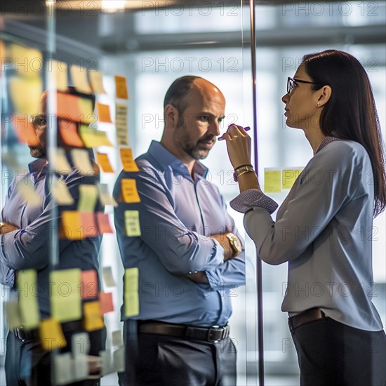 Business people working and discussing in a modern office with sticky notes on a glass wall