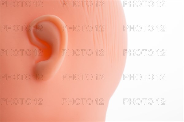 Baby doll's head on a white background