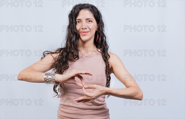 People speaking in sign language isolated. Young woman gesturing in sign language