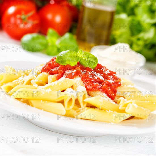 Penne Rigatoni Rigate Italian pasta in tomato sauce eat lunch dish on plate square in Stuttgart