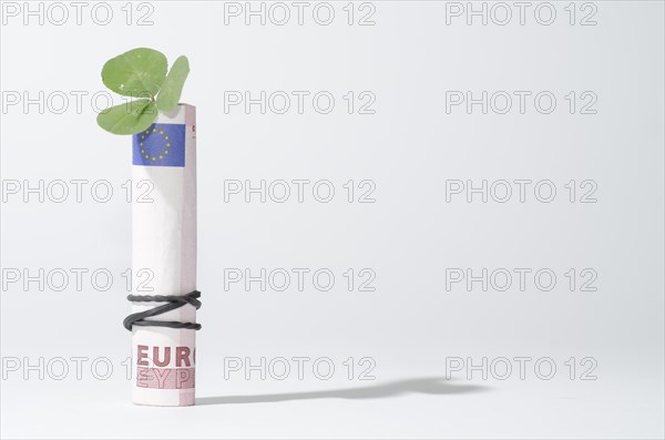 The Bill of Rolled Ten Euro with Three Leaf Clover and Rubber Band with Shadow