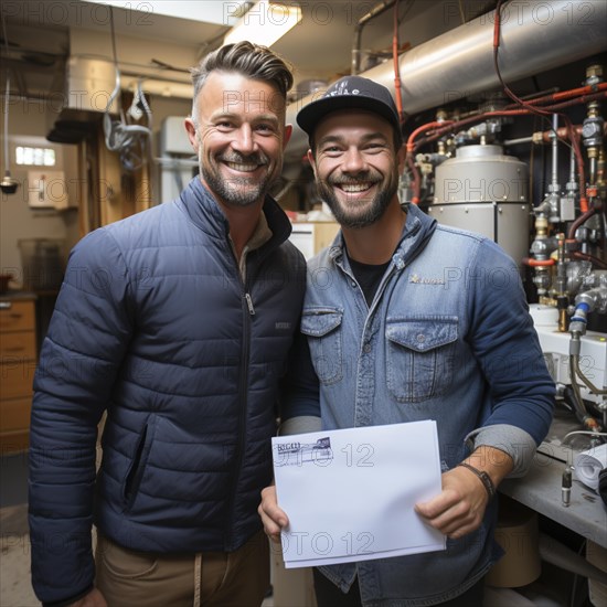 Cheerful homeowner and engineer rejoice in installing new heating system